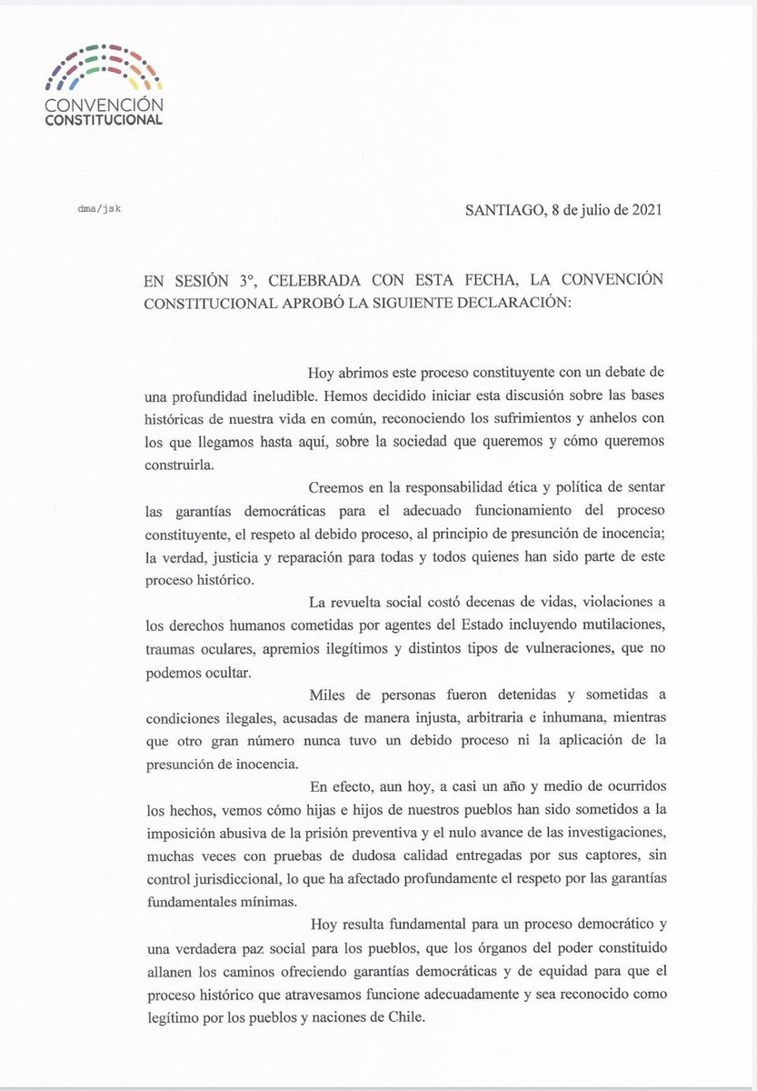 ElisaLoncon's tweet photo. Declaración aprobada por la Convención Constitucional sobre los presos de la revuelta. https://t.co/04bcN0DZZf