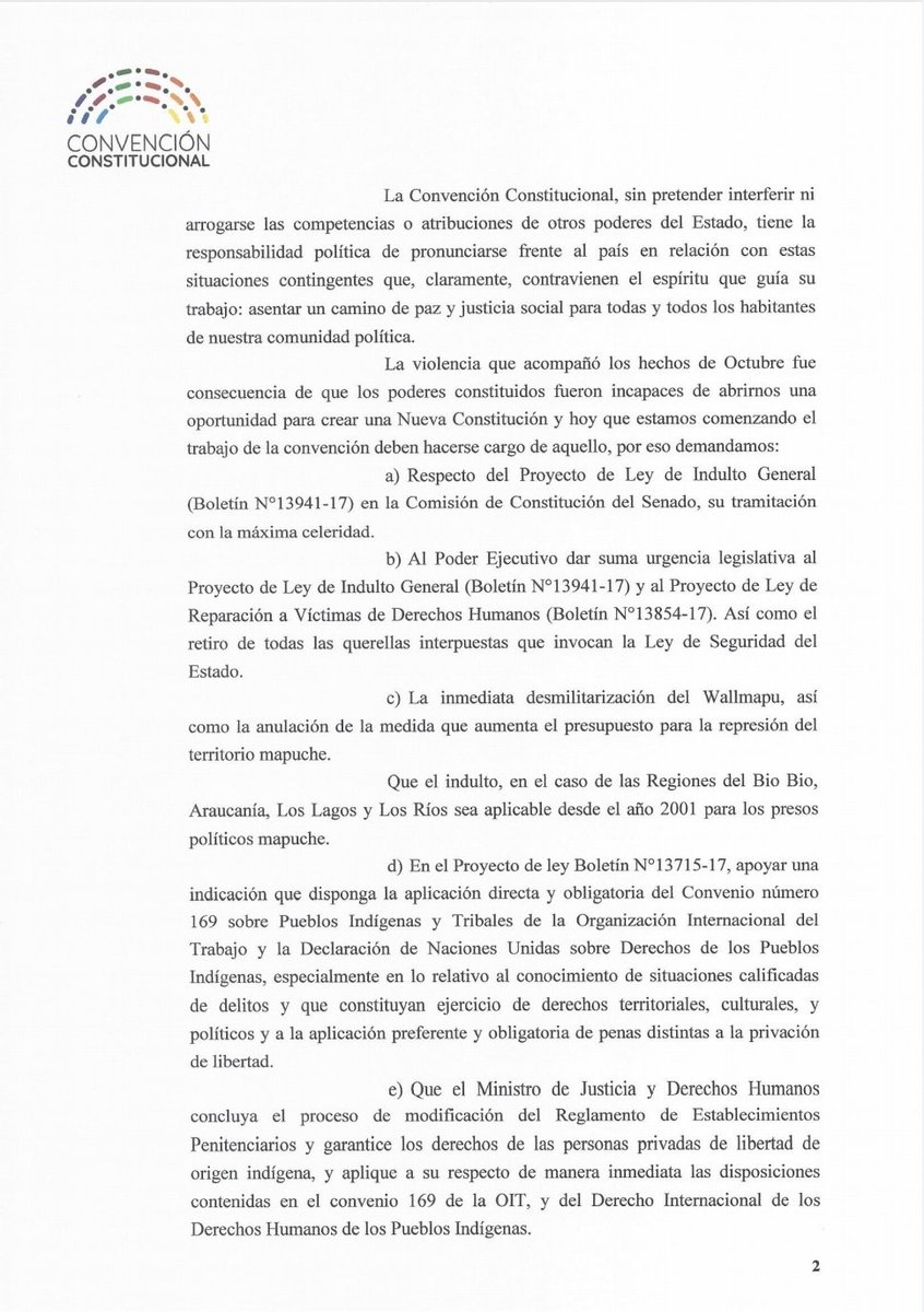 ElisaLoncon's tweet photo. Declaración aprobada por la Convención Constitucional sobre los presos de la revuelta. https://t.co/04bcN0DZZf