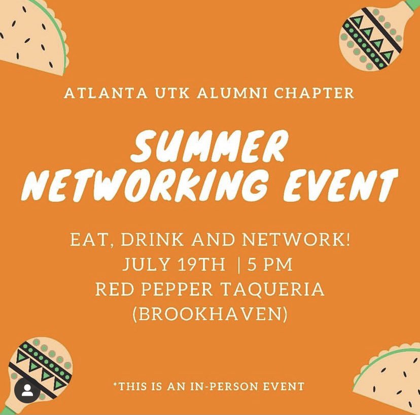 Join us July 19 at 5pm for an evening of Food, drinks and networking with ATL Vols! <a href="/RedPepperAtl/">Red Pepper Taquería</a>  

Red Pepper in Brookhaven- FREE parking in Town Brookhaven! Can’t wait to see you there.

ATLVols t-shirts will be available for $18! #letsgovols