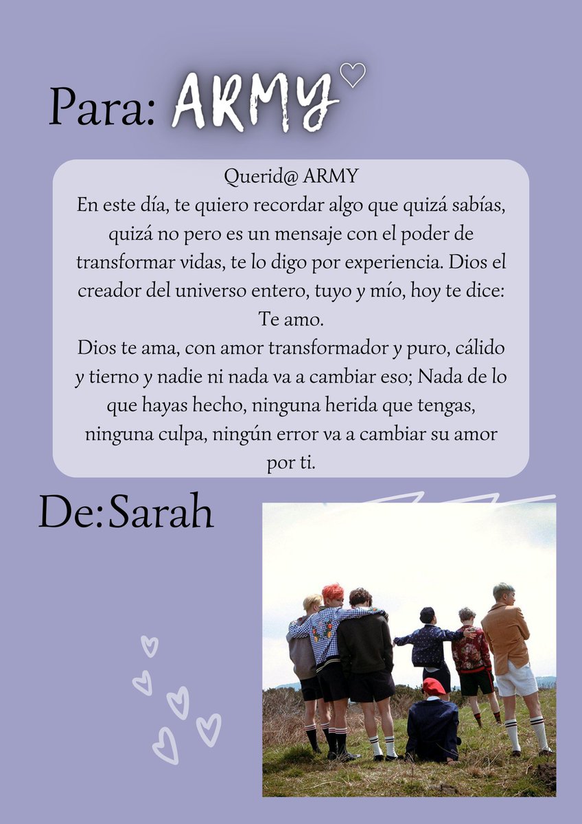 Jeonstar3's tweet photo. #Letterforarmy #HBD_TO_ARMY #BTSARMY #BTS #ARMY_Playlist #ArmyFlyWithBTS #ARMYDay #HappyBirthdayToARMY #๋ฐฉํ์๋
๋จ
Aquรญ te dejo mucho amor hecho cartita para ti, ARMY ๐๐๐ https://t.co/nsyshnIl5l