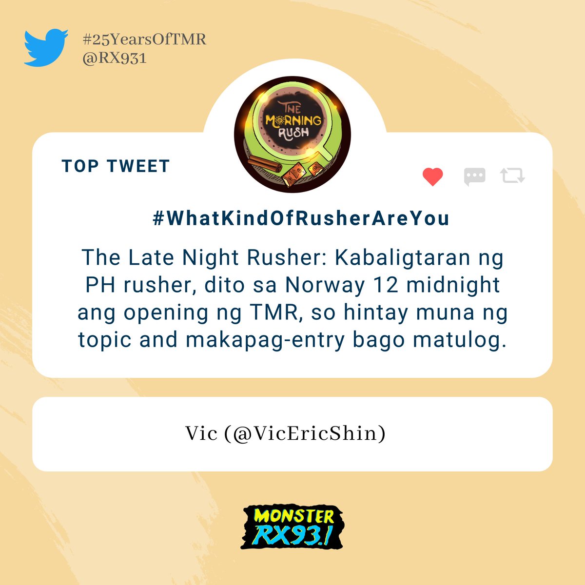 RX931's tweet photo. #WhatKindOfRusherAreYou from @VicEricShin #25YearsOfTMR https://t.co/wsFv30JbRF