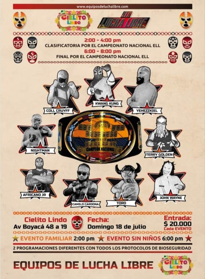 WrestlingColSoc's tweet photo. Apoyemos la lucha libre nacional 🇨🇴 

La empresa Equipos de Lucha Libre #ELL 🇨🇴, presenta su doble evento "Clasificatoria y final por el campeonato nacional ELL" 💪

Será en Bogotá, el día 18 de Julio de 2021, cupo limitado y contarán con medidas de bioseguridad 👇 https://t.co/AndpC7AIb6