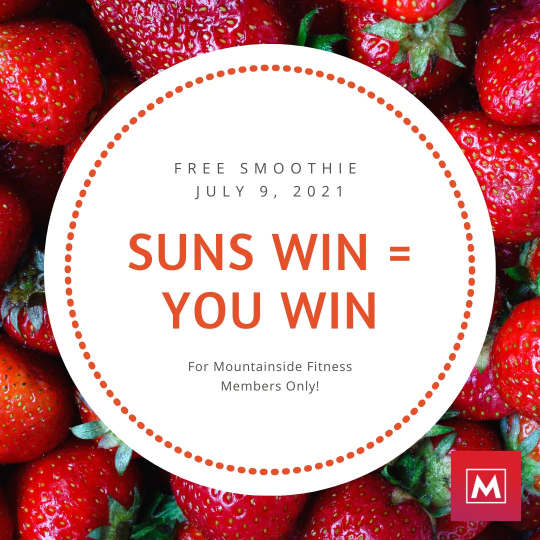 SUNS WIN = YOU WIN! 🏀
Free Smoothie for Mountainside Fitness Members on Friday, July 9th if the <a href="/Suns/">Phoenix Suns</a> win tonight!
#GoSuns #MountainsideFitness #rallythevalley #freesmoothie