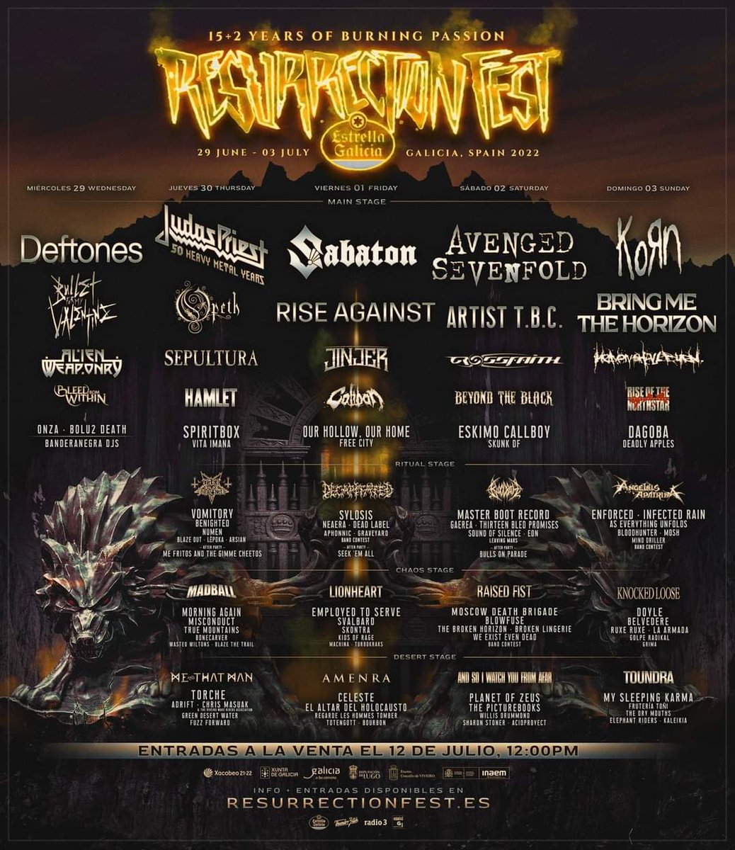 ⚡⚡Ahora sí!⚡⚡Tras un año de espera volvemos a reconfirmar que estaremos en la próxima e inmejorable edición del <a href="/ResurrectionESP/">Resurrection Fest Estrella Galicia</a> de <a href="/estrellagalicia/">Estrella Galicia</a> con este line up épico junto a todas estas bandazas con la ilusión que nos hace volver a los escenarios y reencontrarnos todxs