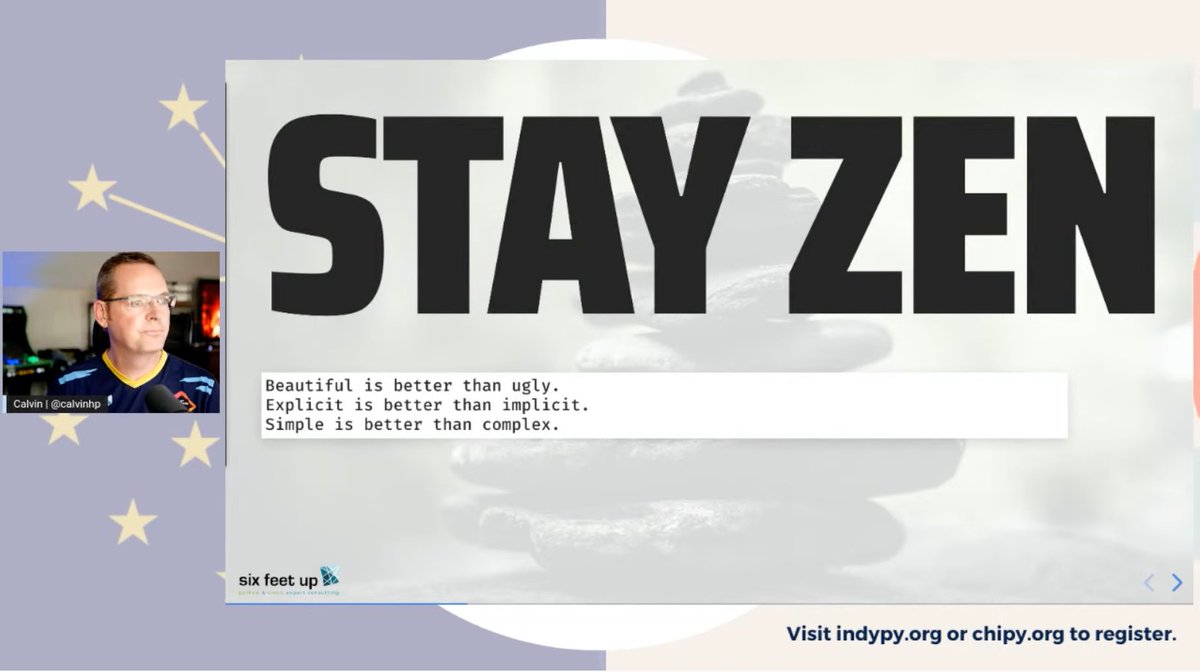 indypy's tweet photo. @ChicagoPython @calvinhp @AutomationPanda @jfrog @pycon Stay Zen (with the #ZenofPython):
- Beautiful is better than ugly.
- Explicit is better than implicit.
- Simple is better than complex.

#IndyPyxChiPy #IndyPy #ChiPy @ChicagoPython @calvinhp https://t.co/8ayTotkrnZ
