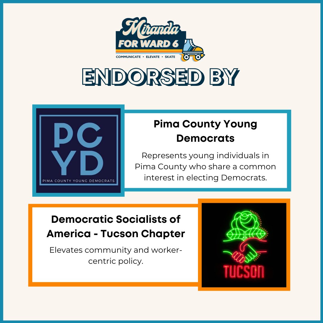 MirandaForWard6's tweet photo. I'm so grateful for the support of these groups and individuals. Each of them work to make our community more equitable and just. I can't wait to build a better future for Tucson with them! https://t.co/xZmbdYYd5d
