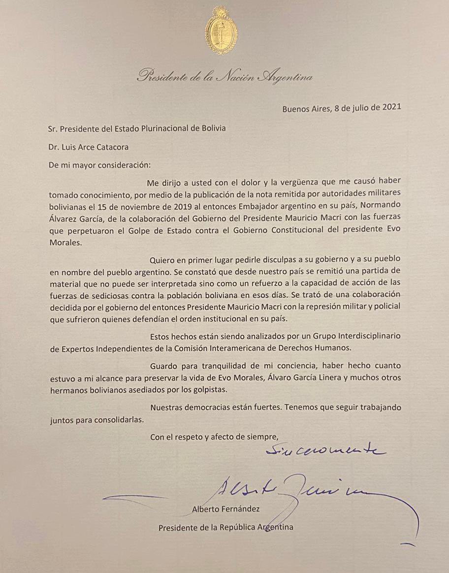 Carta del presidente <a href="/alferdez/">Alberto Fernández</a> al presidente del Estado Plurinacional de Bolivia, @LuchoxBolivia.