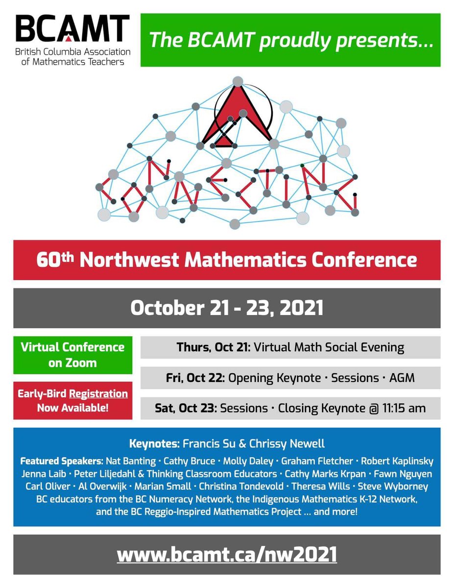 The 60th Northwest Mathematics Conference is being hosted by the <a href="/BCAMT/">BCAMT</a> this October and will be virtual. Registration and more info here: bcamt.ca/nw2021/?fbclid… #BCreggiomath #sd38learn #MTBoS <a href="/NCTM/">NCTM</a>