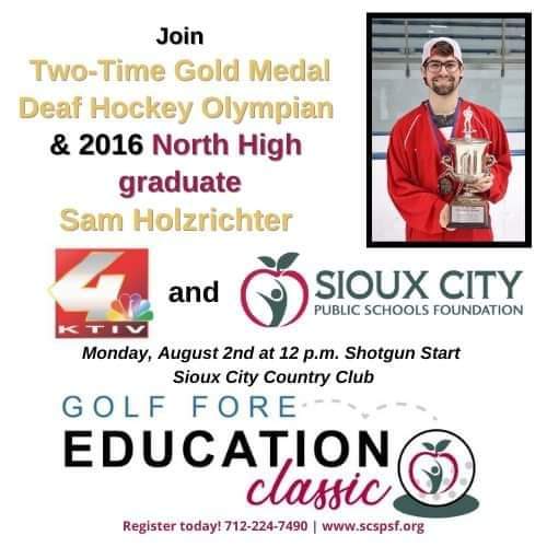 mickeyn224's tweet photo. Sioux City Public Schools Foundation &amp; @ktivnews are excited to announce two-time Gold Medal Deaf Hockey Olympian &amp; 2016 @SiouxCityNorth, @siouxcityschool alum Sam Holzrichter as our celebrity alumni for the "Golf Fore Education Classic", Aug. 2nd, at the Sioux City Country Club. https://t.co/0T7nqvFQV6