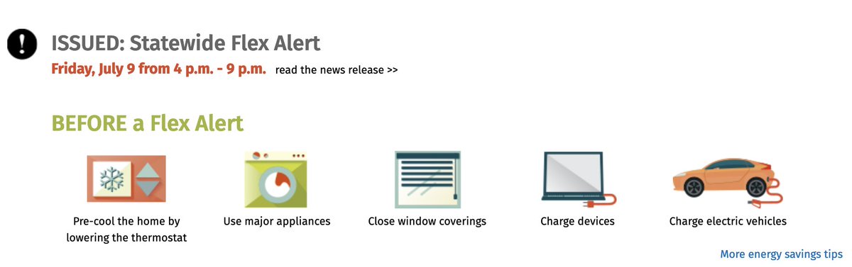 Sarah_Stierch's tweet photo. 📢STATEWIDE FLEX ALERT FOR FRIDAY 4-9 PM📢

@flexalert has declared a STATEWIDE #California Flex Alert for Friday 7/9 from 4-9 PM. Please conserve energy and see the Flex Alert website for tips: https://t.co/PtoGpc8Fij #FlexAlert https://t.co/D3ltdzvJLs