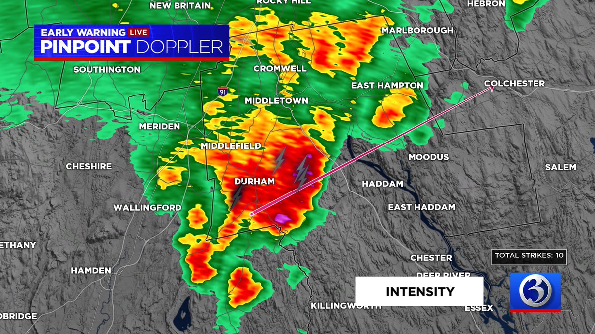 A thunderstorm will torrential rain is moving northeast toward Middletown, East Hampton, Moodus, and Haddam...
