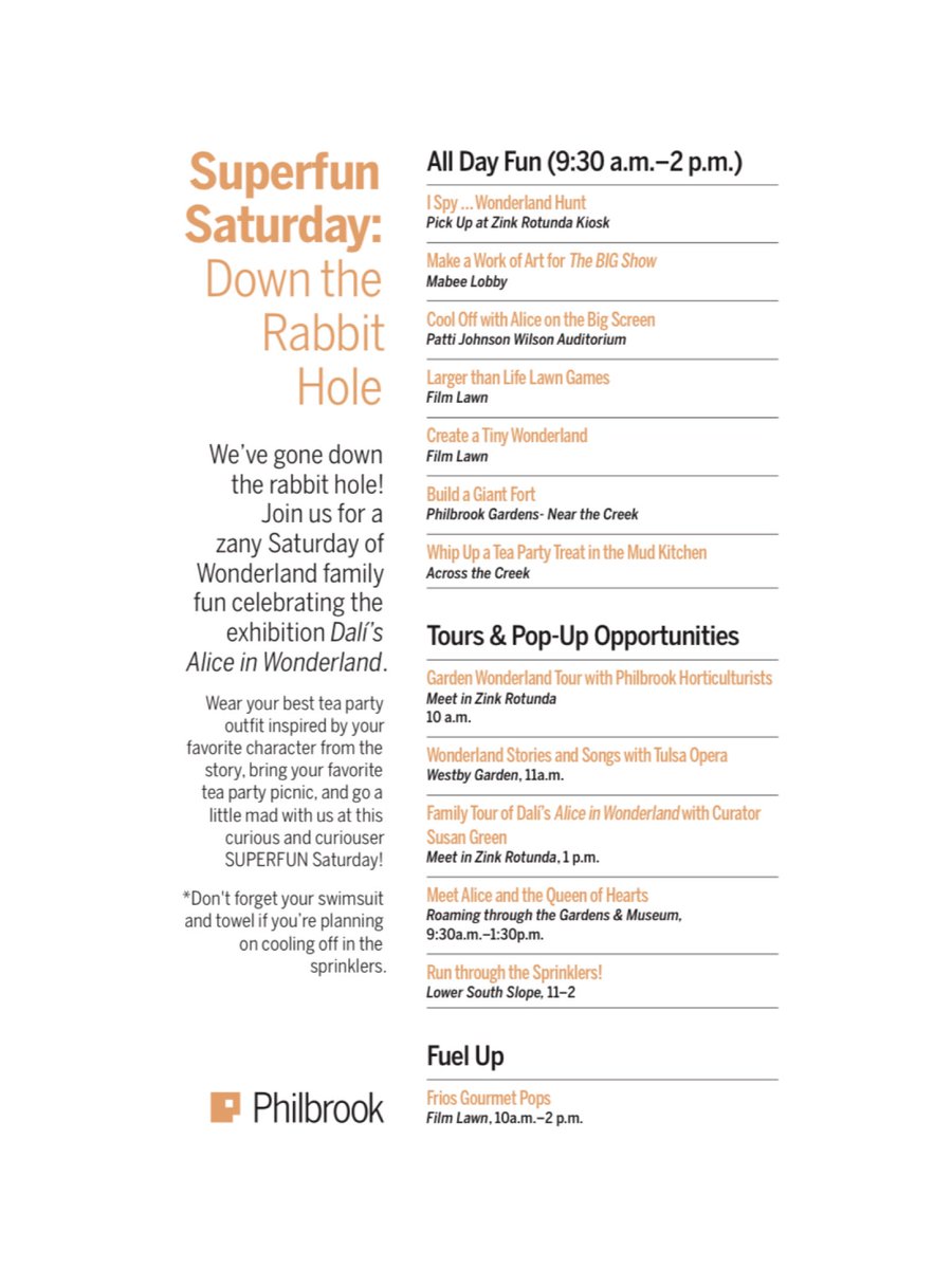 Philbrook's tweet photo. This Saturday 7/10 is #superfunsaturday! Don’t miss it. Go down the rabbit hole with Salvador Dalí’s ALICE IN WONDERLAND. Storytime with @TulsaOper, pops from @FriosTuls, sprinklers, art projects, and more. https://t.co/DZTc7Qfndd