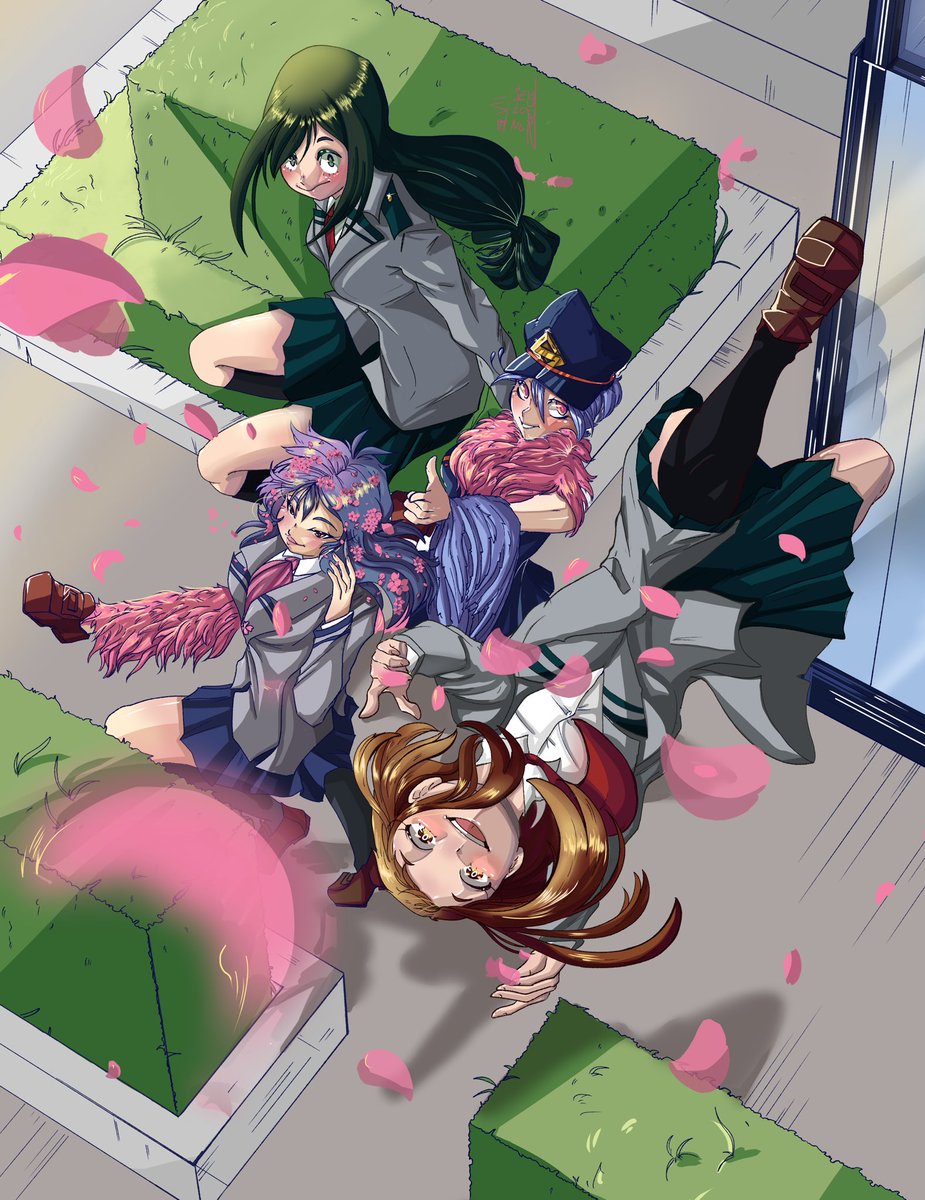SeleneArts's tweet photo. Hi little heroes! Here I’m with an other fan art, this time an illustration about my little girls 
Hana Hanabi and Aokaesu Sukume with Ochaco Uraraka Tsuyu Asui. I have tried to create an interaction amount them so... I hope you enjoy!
#BokuNoHeroAcademia #mha #Ochakouraraka https://t.co/iikOD1jId5