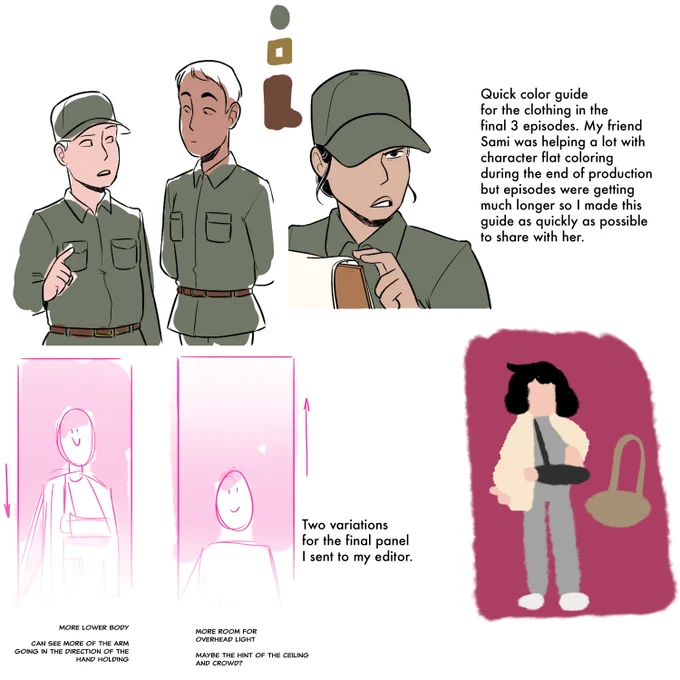 Last page of concepts for Yuna &amp; Kawachan. These were some rough color guides I made for my friend @samikerwin who helped with flat colors in the last few eps. The bottom left was me asking my editor how the final panel should look so it really makes me smile looking at it 
