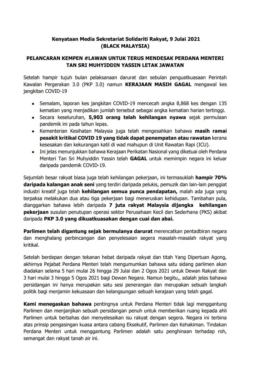 pemudaPSM's tweet photo. 3 hari

10, 11, 12 Julai 2021

3 tuntutan

1. Muhyiddin letak jawatan sebagai PM serta merta
2. Sidang penuh Parlimen
3. Darurat ditamatkan serta-merta

3 aksi

1. Pasang bendera hitam di rumah. 
2. Berpakaian hitam ketika keluar. 
3. Kibarkan bendera hitam pada kenderaan. https://t.co/jkvShxaggD