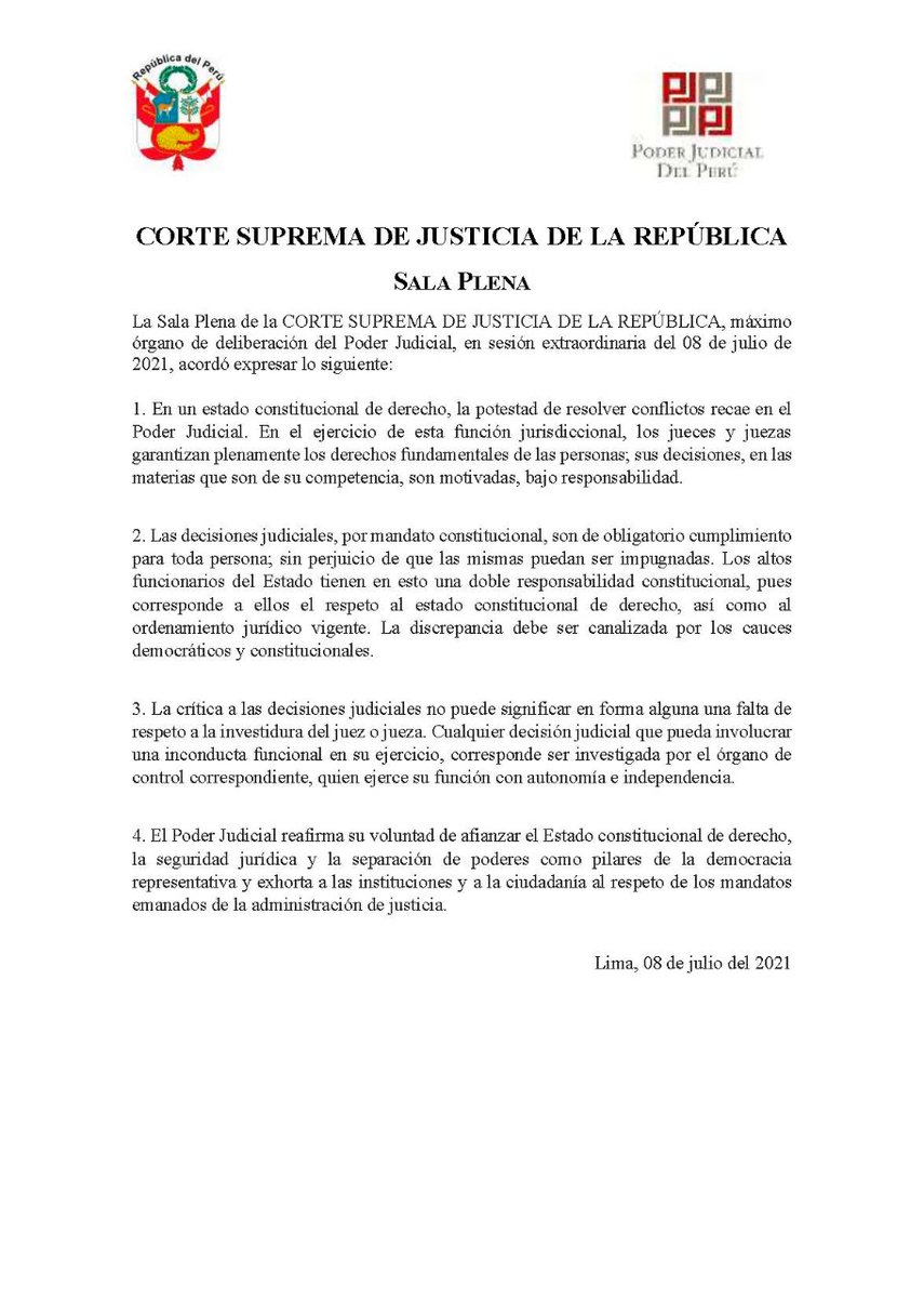 Poder_Judicial_'s tweet photo. Compartimos el comunicado de la Sala Plena de la Corte Suprema de Justicia, máximo órgano de deliberación del Poder Judicial, luego de la sesión realizada hoy jueves 8. https://t.co/pfWid0K7sb