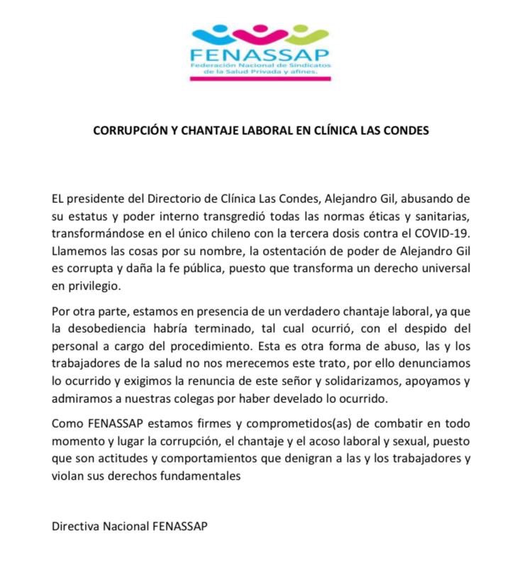 🔴Compartimos Declaración de los Sindicatos Clínica Las Condes y la de <a href="/fenassap/">FENASSAP</a> en solidaridad #C190 #VacunaCOVID19 <a href="/uniamericas/">UNI Américas</a> <a href="/salud_cut/">Secretaria de Salud CUT</a> <a href="/SindicatoUnifi2/">Sindicato Unificado Clínica Vespucio</a> <a href="/sindicato_4/">Sindicato Paramedicos Clínica Sta María</a> <a href="/SindicatoIndisa/">Sindicato Clindisa</a> <a href="/SCentromed/">Sindicato Centromed</a> <a href="/SindicatoSis/">Sindicato SIS</a> <a href="/sindprofrenaca/">SindProfBUPAReñaca</a> <a href="/SindicatoBioBio/">Sindicato BíoBío</a> <a href="/Sindic_CAlemana/">Sindicato C. Alemana</a> <a href="/S_SaludUC/">Sindicato Interempresas Salud UC</a>