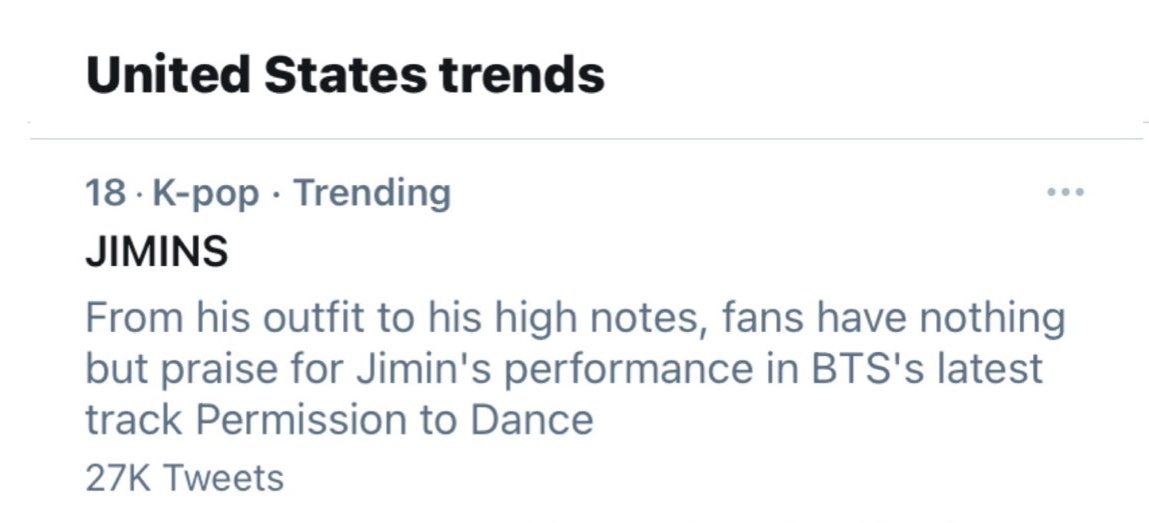 [TRENDS] Twitter's description for 'JIMINS' trend: From his outfit to his high notes, fans have nothing but praise for Jimin's performance in BTS's latest track #PermissiontoDance