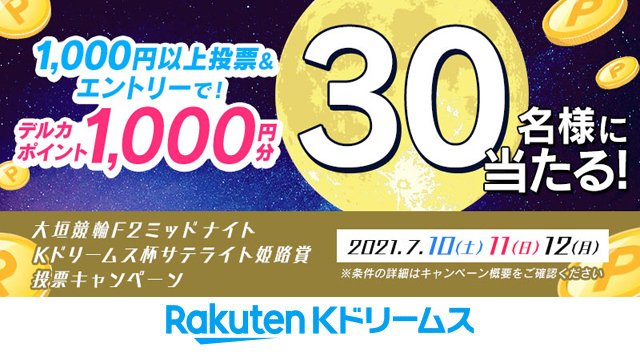 Rakuten Kドリームス 競輪投票 Live 大垣競輪 ミッドナイト ｋドリームス杯 サテライト姫路賞 キャンペーン 7月10日 土 7月12日 月 に車券を1 000円以上投票で抽選 30名様 に デルカポイント プレゼント 応募はこちら T Co