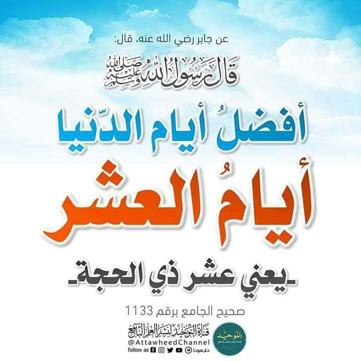 #عشر_ذي_الحجة أيام نفيسة، ساعاتها ثمينة، هن أفضل أيام الدنيا وأعلاها منزلة وذكرا.
 أقسم الله بها تعظيمًا لها، واصطفاها لتكون أحب الأزمان عنده، وأدناها إلى إحسانه ورضاه. 
العمل فيها أعظم الأعمال، تتضاعف فيها الحسنات وتغفر السيئات.
فيها يعوض المقصر ما فاته، ويدرك المؤمل ما تمناه..