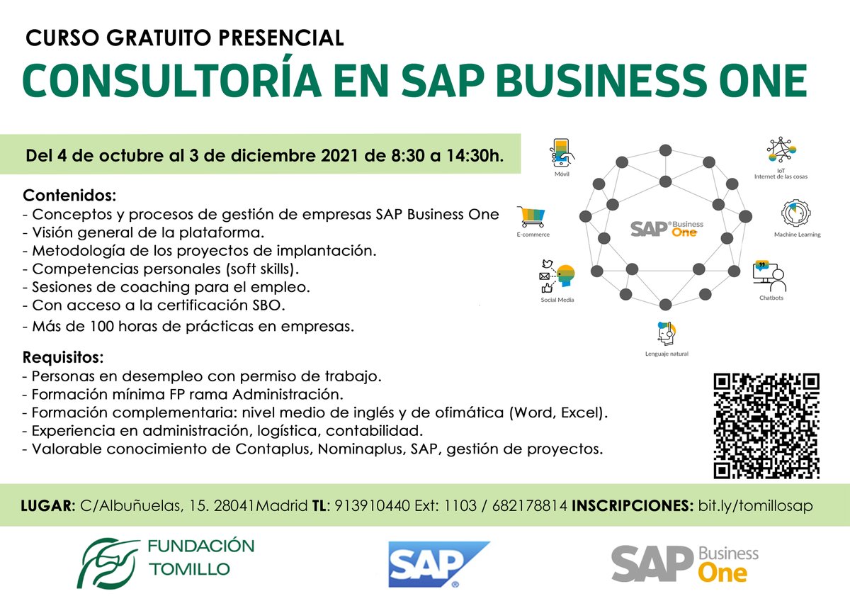 OPEUAM's tweet photo. Si eres mayor de edad en situación de #desempleo, la Fundación Tomillo imparte un curso gratuito de Consultoría #Sap #Business One (comenzando en octubre). 

Gracias a @ftomillo. https://t.co/gGOsM30rxg