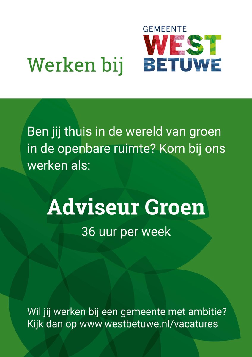 Wil jij werken aan beleid en beheer van het groen? En dan met name voor bomen🌳 en sport? Adviseer collega's bij projecten en ontwikkelingen✅. Reageren kan tot en met 14 juli via westbetuwe.nl/vacatures.