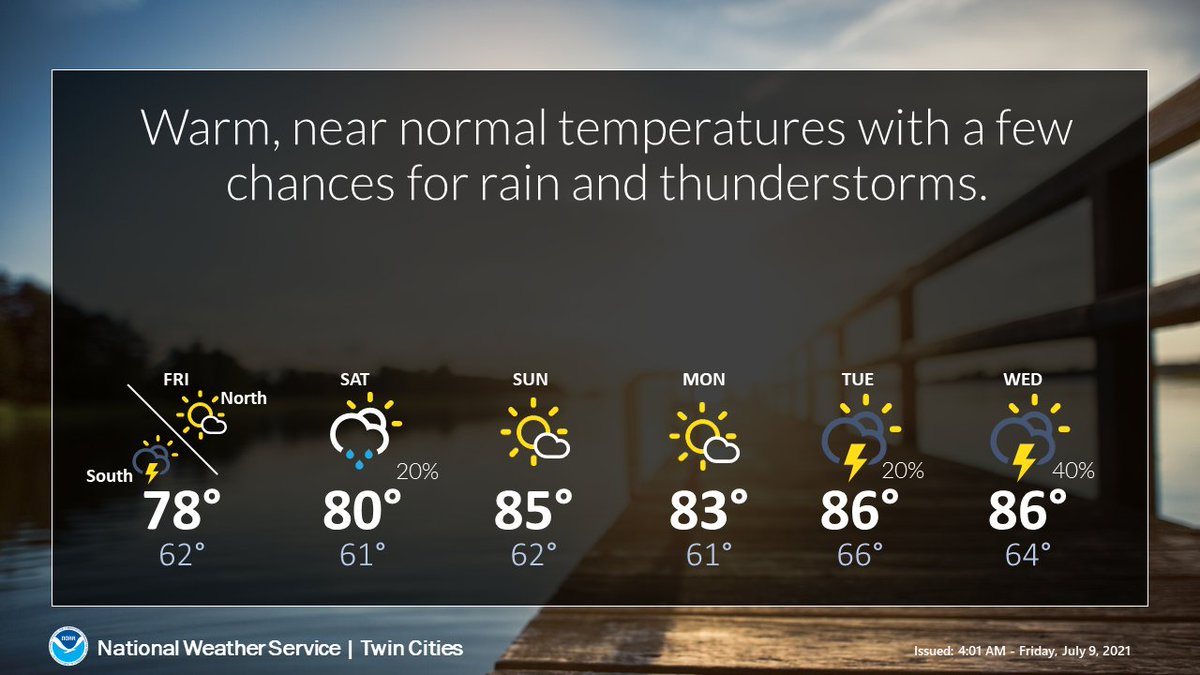 We will see some warmer weather back up to near normal for July this weekend into next week. Rain and thunderstorm chances in southern Minnesota today into Saturday. The next chance for rain will arrive in the middle of next week. #mnwx #wiwx https://t.co/jXhfM1qhR2