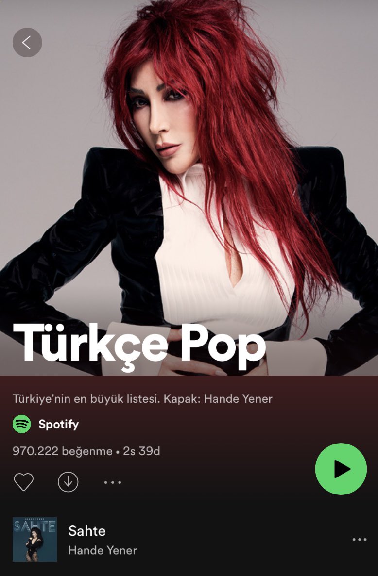 Spotify Türkiye’nin en büyük “Türkçe Pop” listesinde #Sahte isimli yeni şarkısı ile 1 numaradan giriş yapan Hande Yener, aynı zamanda liste kapağında yer alıyor! 🔥 <a href="/handeyener/">Hande Yener</a> <a href="/SpotifyTurkey/">.</a>