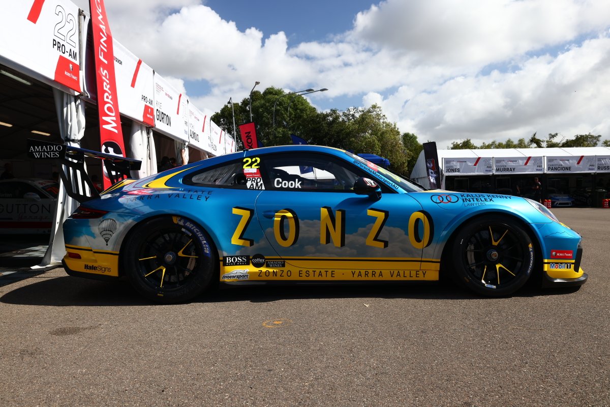 PorscheRacesAU's tweet photo. Morris Finance Pro-Am, Dean Cook welcomed @ZonzoEstate as title partners on his  #22 Porsche 911 GT3 Cup car this weekend. What do you think of his new livery?

 #Porsche #carreracupaus #PorscheMotorsportAU @MorrisFinance #RepcoSC https://t.co/Bq1ZCxOvDP