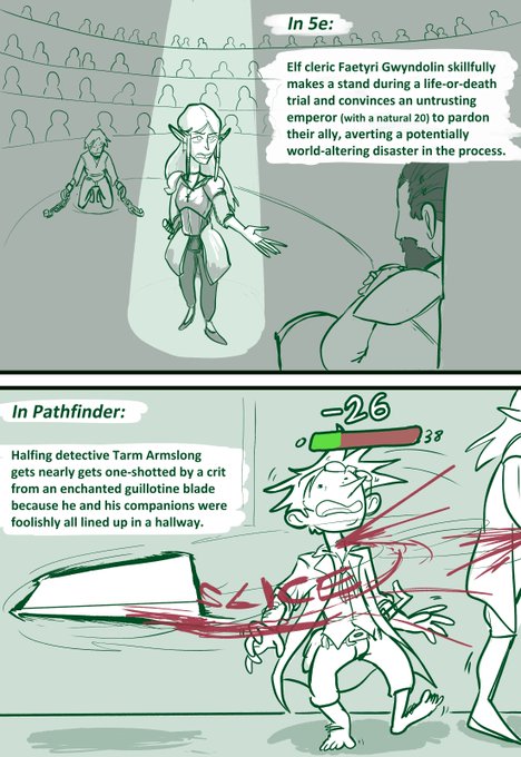 i'm currently playing in a 5e campaign and a pathfinder 2e campaign and i realized my most recent accomplishments in both adventures pretty aptly surmise the core differences in playstyle between the two systems 