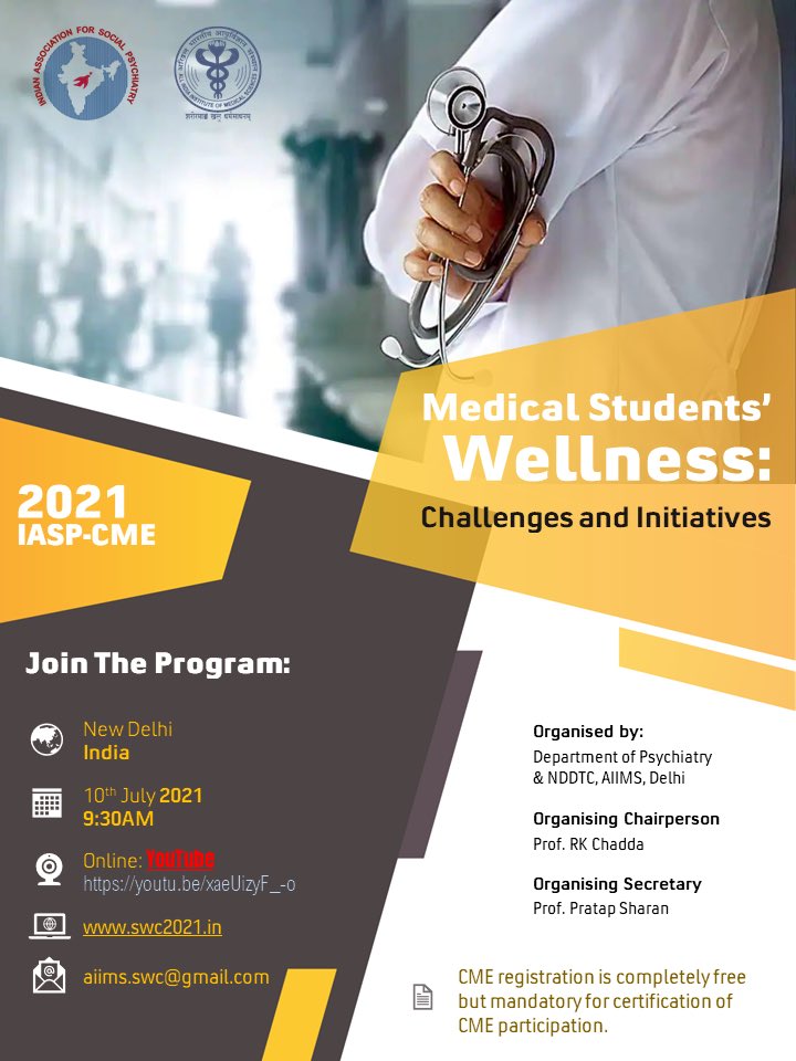Roshan Bhad (@drroshansindia) on Twitter photo Join us tomorrow 10th July 21 at 9.30 AM for National CME on Medical Students’ Wellness: Challenges and Initiatives organised by Department of Psychiatry <a href="/nddtc_aiims/">NDDTC, AIIMS, Delhi</a> <a href="/AIIMSRDA/">RDAAIIMS DELHI</a> <a href="/FordaIndia/">FORDA INDIA</a> <a href="/IMAIndiaOrg/">Indian Medical Association</a> <a href="/IndianMedicalAs/">Indian Medical Students Association</a> <a href="/official_aimsa/">ALL INDIA MEDICAL STUDENTS' ASSOCIATION</a>
YouTube Link: youtu.be/xaeUizyF_-o Join us tomorrow 10th July 21 at 9.30 AM for National CME on Medical Students’ Wellness: Challenges and Initiatives organised by Department of Psychiatry <a href="/nddtc_aiims/">NDDTC, AIIMS, Delhi</a> <a href="/AIIMSRDA/">RDAAIIMS DELHI</a> <a href="/FordaIndia/">FORDA INDIA</a> <a href="/IMAIndiaOrg/">Indian Medical Association</a> <a href="/IndianMedicalAs/">Indian Medical Students Association</a> <a href="/official_aimsa/">ALL INDIA MEDICAL STUDENTS' ASSOCIATION</a>
YouTube Link: youtu.be/xaeUizyF_-o