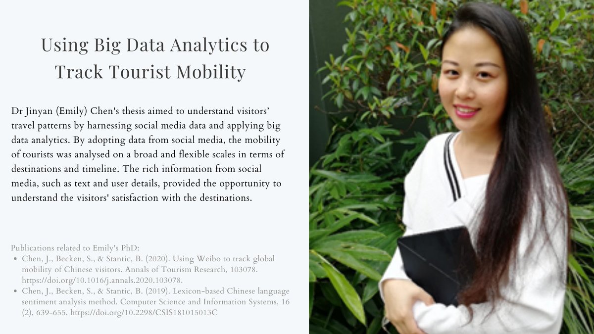 Congratulations to Dr Jinyan (Emily) Chen on the conferral of her doctoral degree! Dr Chen's thesis uses #bigdata analytics to track tourist mobility. 

Supervisors: Prof. Sussane Becken and Prof. Bela Stantic