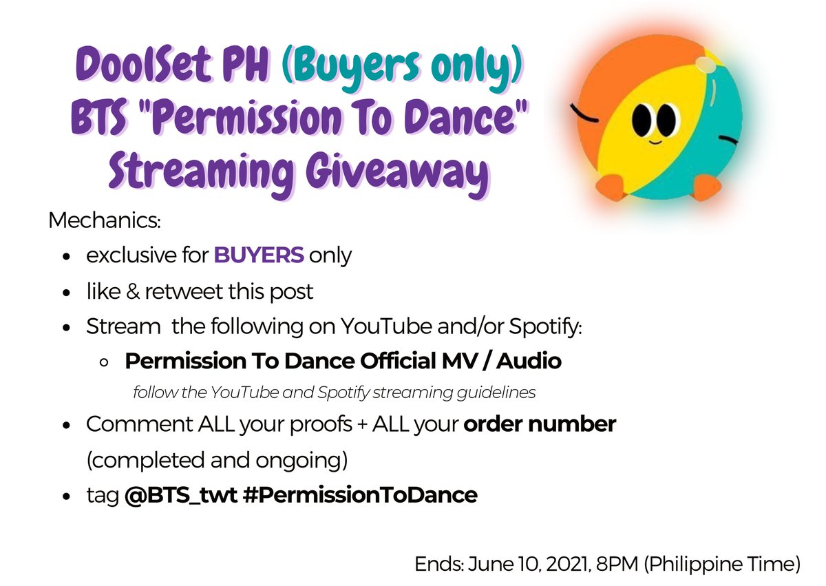 doolsetPH's tweet photo. #DoolSetPHGA
Permission To Dance Streaming Giveaway PH
*buyers (complete & ongoing) only*
GA prizes:
4 winners of 50 Load / GCash
1 winner of Unofficial HD OT7 Premium Photo
ends: July 10, 8pm
#PermissiontoDance @BTS_twt https://t.co/SxwBb9q4Rc