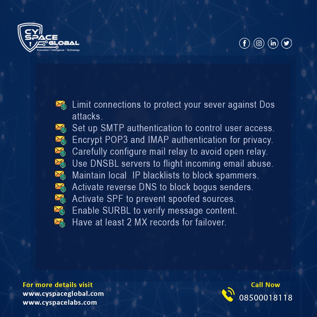 CyspaceLabs's tweet photo. 10 Tips to Secure Your Email Server..!!
#emailserver #emailmarketing #email #bulkemail #server #emailservers #paypal #digitalmarketing #hostcloud #rent #buy #marketingdigital #onecard 
For any Software  Services Please follow us 👇
@cyspaceglobal @cyspacelabs @cyspacegroyups https://t.co/Seh7nfyXe7
