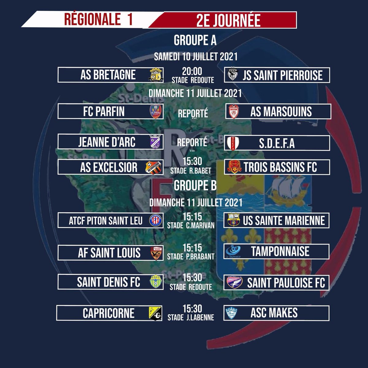 footile974's tweet photo. #R1 : Programmation de la 2e journée du championnat
#foot974 #LaReunion #FDL974 https://t.co/EgNIcO4JKo