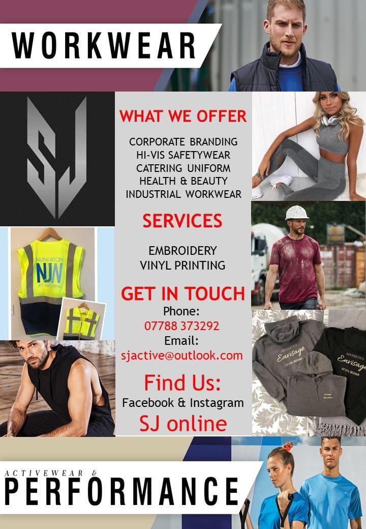 Not only do we offer Sportswear but also offer Workwear Bundles.

Message to discuss what you need

Corporate branding 👔 
Hi-Vis safetywear👷🏻
Catering uniforms 🧑🏻‍🍳
Health and Beauty💅🏼
Industrial workwear 🧰
Gym wear 🤸🏻

Embroidery 🪡 
Print 🎨 

Sjactive@outlook.com
07788373292