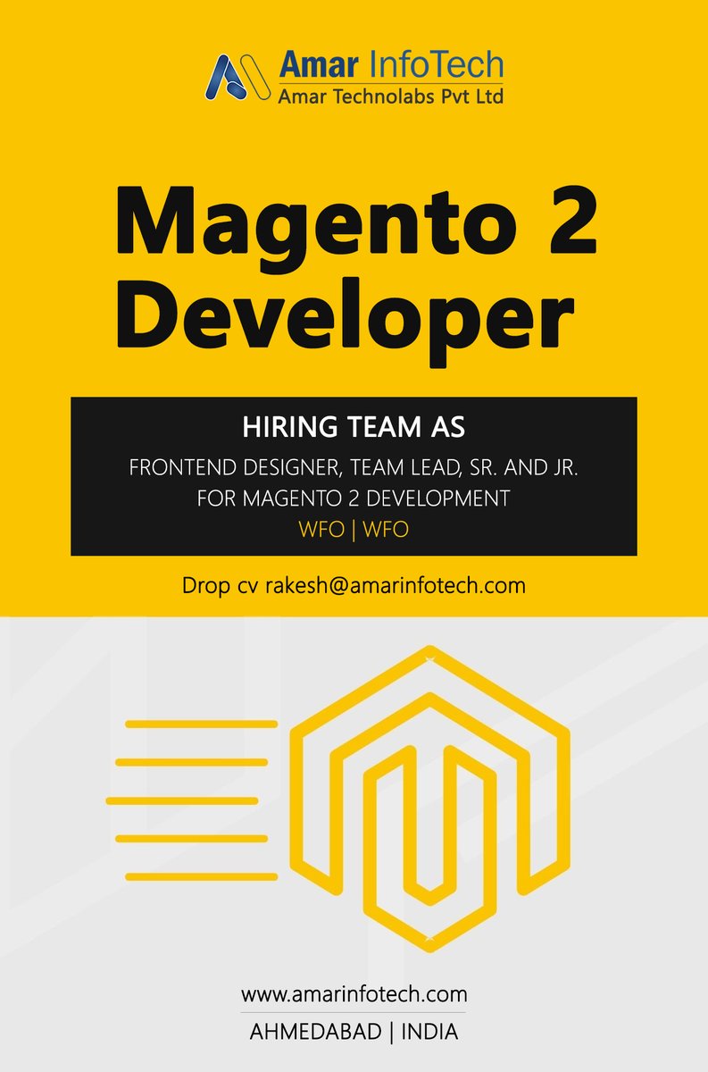 ExcelPTP's tweet image. Magento 2 Developer Required | Ahmedabad 
“Amar Technolabs Pvt Ltd, 4th Floor, Sunrise Avenue, Nr. Nidhi Hospital, Stadium Commerce College Road, Navrangpura, Ahmadabad – Gujarat“
write us on hr@amarinfotech.com 

#Magento #magentocommerce #magentodeveloper #magento2 #magentodev