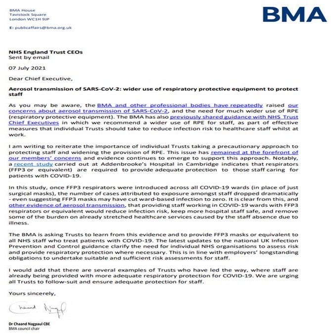 Letter sent by <a href="/TheBMA/">The BMA</a> to every NHS England CEO.

COVID-19 risk to healthcare workers in the NHS *can* be reduced, and exemplar Trusts have led the way with FFP3 use.

Current guidance requires a risk assessment before deciding whether to use lesser protection.