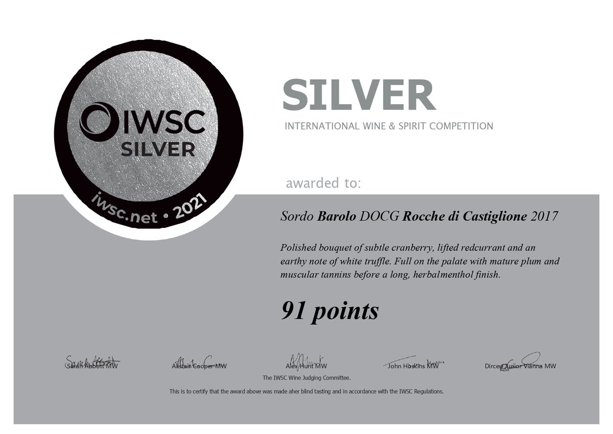 🥇IWSC 2021🥈 🇮🇹 Con grande orgoglio ritroviamo sul podio del concorso internazionale di IWSC 2021, due dei nostri Barolo: #Barolo docg 2017 95 punti - Medaglia d'#ORO #Barolo #Rocchedicastiglione 91 punti - Medaglia d'#ARGENTO. #IWSCRESULTS #Thankyou #IwscTeam 🙏 @theIWSC