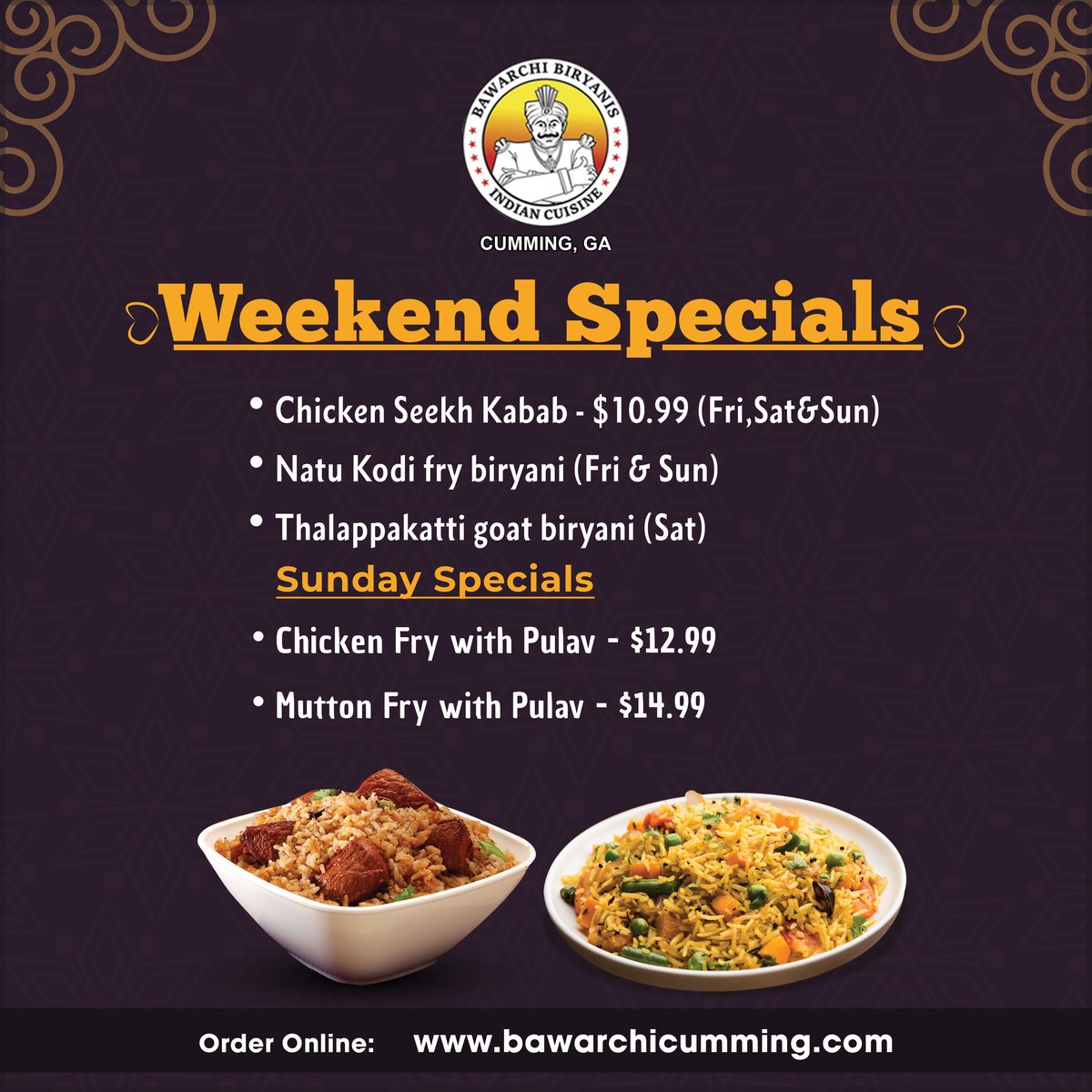 Weekend specials !!
Chicken Seekh Kabab - $10.99 (Fri,Sat&Sun)
Natu Kodi fry biryani (Fri & Sun)
Thalappakatti goat biryani (Sat)
Sunday Specials!
Chicken Fry with Pulav - $12.99
Mutton Fry with Pulav - $14.99
Order Online:bawarchicumming.com/Menu
#BawarchiCumming #BawarchiBiryani