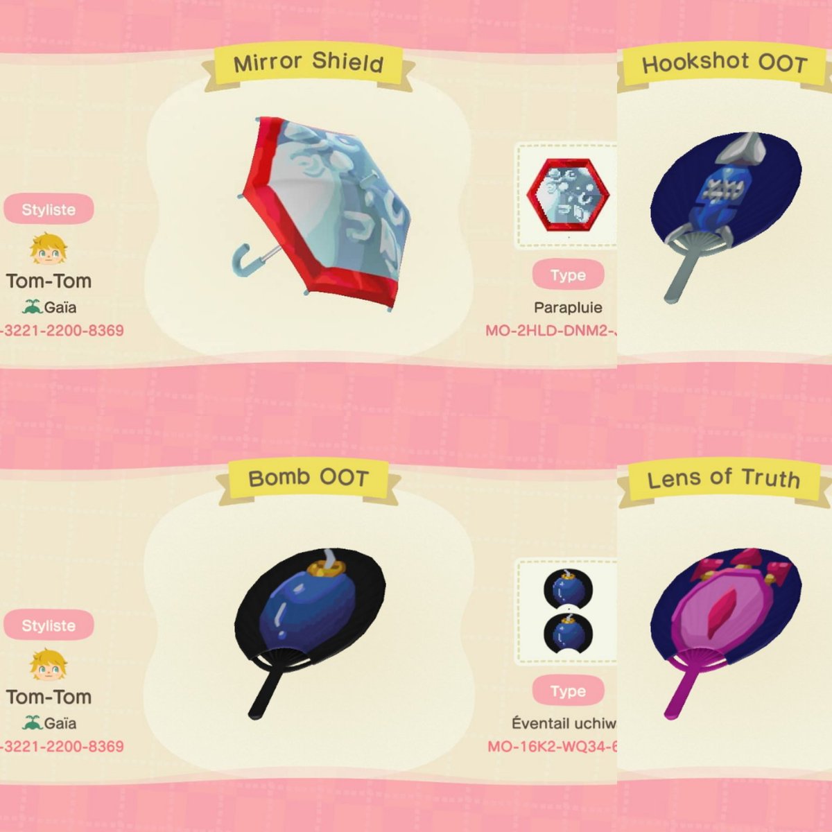 TheLegendOfGaia's tweet image. Puisque ils ressortent de l'ombre je vous présente à nouveaux les motifs Zelda que j'avais créé, a savoir le bouclier miroir, le grappin, le monocle de vérité, les bombes et les trois tuniques d'Ocarina Of Time 🙂
#acnh #zelda #designcode