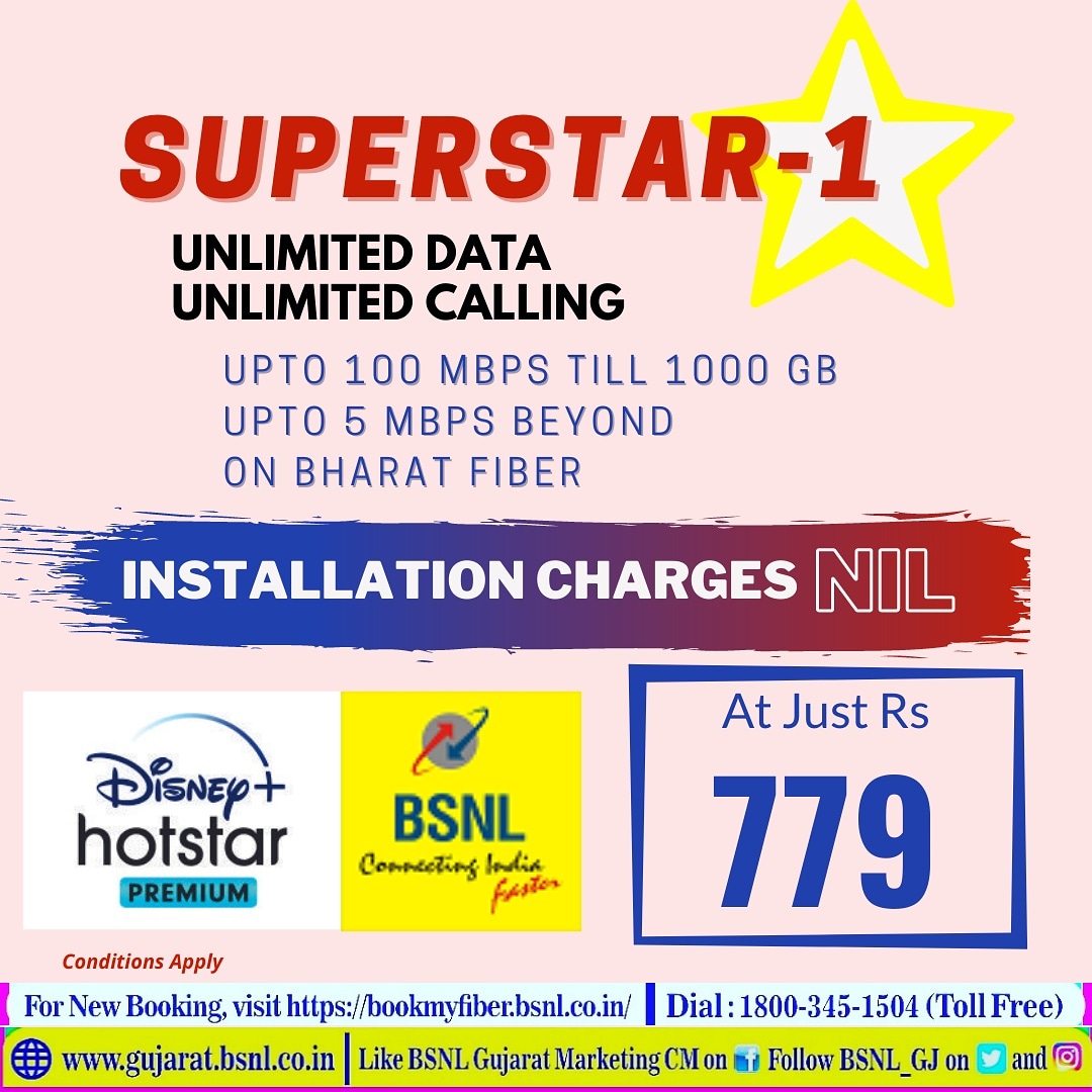 BSNL_GJ's tweet photo. Watch Live TV (Shows, Movies, News and sports) on BSNL Bharat Fiber connection. Opt for Super star-1 plan.

No installation charges till 03.08.2021

Book your new fiber connection - https://t.co/wWONArJjLF
@BSNLCorporate @CMDBSNL @CGM_GUJ_BSNL 
#bsnlfiber #BSNL_FTTH  #BSNL #WFH https://t.co/Iu1LS6D8Sx