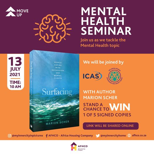 AfricaHousingCo's tweet photo. Join us as we tackle the Mental Health topic. We will be joined by ICAS and @TheSADAG with Author of Surfacing @MarionScher. Stand a chance to win 1 of 5 signed copies.
Date - 13 July 2021
Time - 10 am 
Book your spot - https://t.co/XjNF1npaHe https://t.co/vu0Vx1gQJO