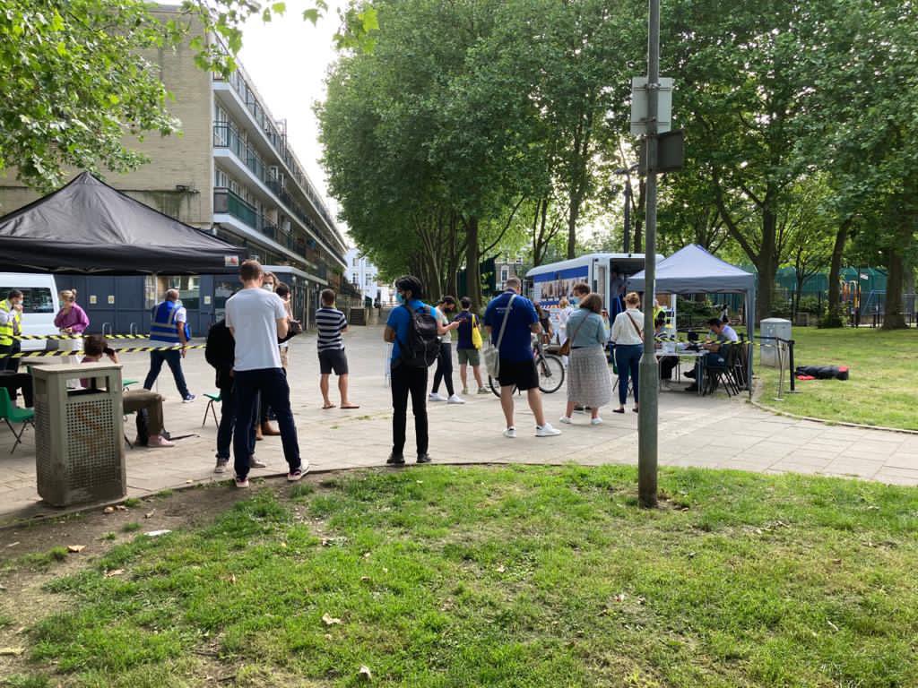 The vaccination bus is back outside #QCCA today (Friday 9th). Just come along between 3pm - 7pm if you’re over 18. It’s Pfizer and no appointment necessary. We were really busy last week, as you can see! <a href="/CamdenCouncil/">Camden Council</a> <a href="/JwpQcp/">James Wigg & Queens Crescent GP Practices</a> @MotherCarolNW5 <a href="/TheDomeYouth/">The Dome Youth Club</a> <a href="/KTCityFarm/">Kentish Town City Farm</a> <a href="/QCCA_CEO/">Foyezur Miah</a>