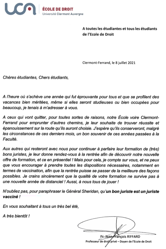 ecole_droit_UCA's tweet photo. Notre Doyen, Jean-François Riffard, souhaite un bel été aux étudiants de l'Ecole de Droit!
Nous espérons vous retrouver en présentiel à la rentrée prochaine, mais cela dépend aussi de vous.
A très vite! https://t.co/chJX4sTpGU