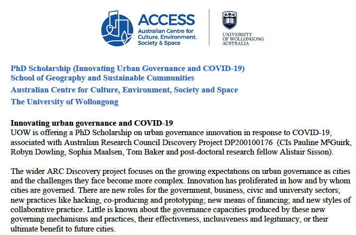 PaulineMcGuirk's tweet photo. Hey #IAGNZGS2021 - spread the word? PhD Schol on Urban Governance Innovation and Covid-19 @UOW @ACCESS_GEOG Fab opp to join ARCDP team @PaulineMcGuirk @RobynSydney @SophiaMaalsen @tom_a_baker @AlistairSisson. Closing date Aug 7th. Domestic students. See IAG-List or contact me. https://t.co/cR8gwRbrqo