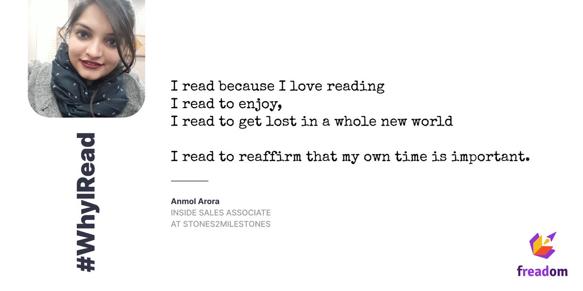 getfreadom's tweet photo. #WhyIRead | Anmol shares why reading is a priority for her wellbeing. What's the book that's been a great value addition to you?
#bibliophile #bookworm #reader #reading #ReadingwithFreadom #English #Freadom #getfreadom #edtech https://t.co/zxb67csuv8