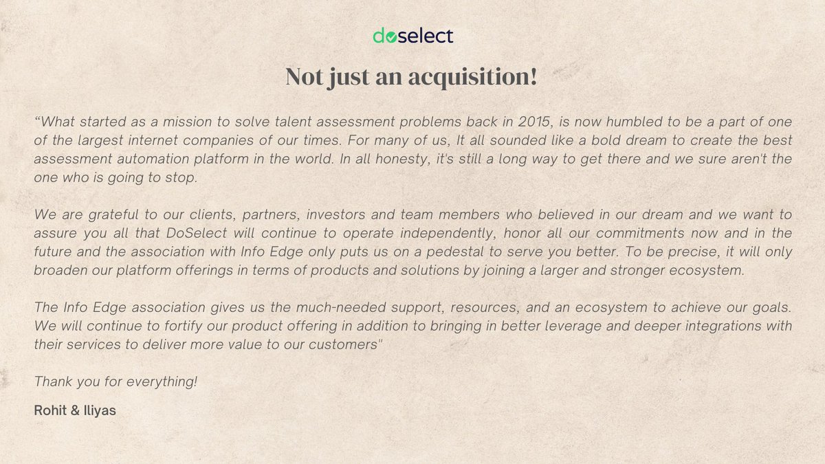 We are now a part of Info Edge India Ltd 
#annoucement #DoSelect #acquisition