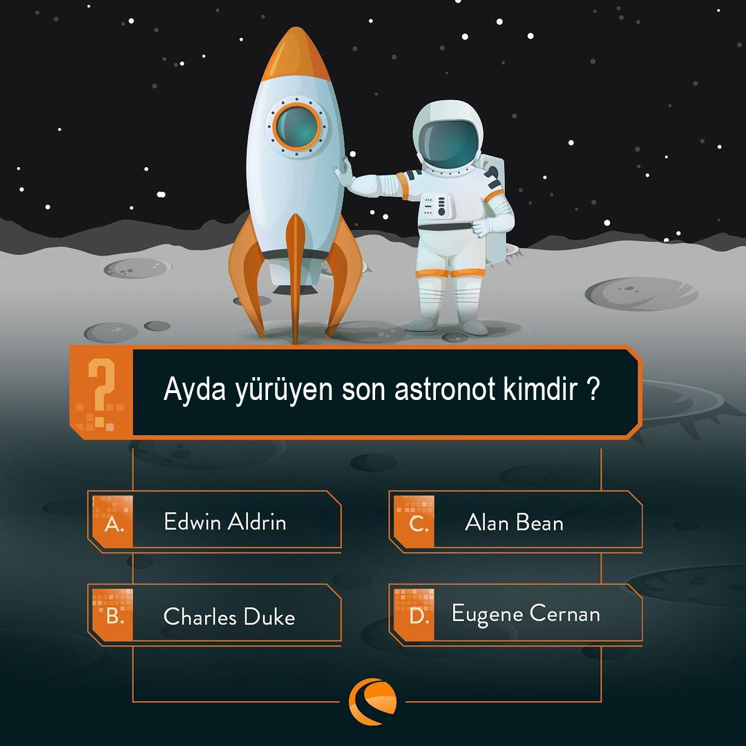 Celestron_Tr's tweet photo. Ayda yürüyen son astronot kimdir ?
A. Edwin Aldrin
B. Charles Duke
C. Alan Bean
D. Eugene Cernan
#celestron #celestronturkiye #celestronturkey #celestronuniverse #teleskop #uzay #bilim #gökyüzü #telescopes #astronomi #skyphotography #space #astronomy #moon https://t.co/dLrBgTRjyH
