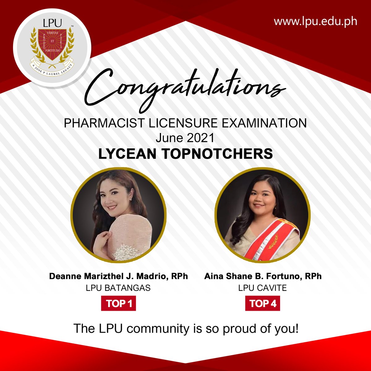 LPUManila's tweet photo. As #OneLPU, we congratulate @LPUBOfficial and @LPUCavite on achieving top-notch graduates in Bachelor of Science in Pharmacy.
Pharmacist Licensure Examination - June 2021
Top 1 - Deanne Marizthel J. Madrio, RPh (LPU Batangas)
Top 4 - Aina Shane Botones Fortuno, RPh (LPU Cavite) https://t.co/9ROMuuuIWk